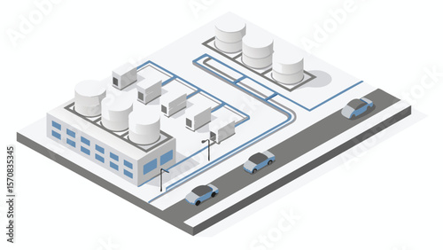 Isometric illustration of a factory with storage tanks and cars on a road near the plant