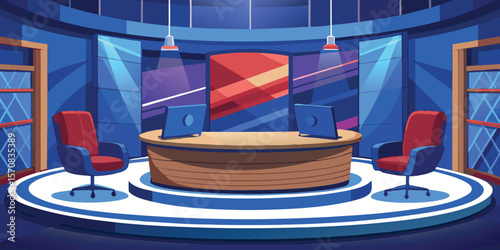 Modern studio set with red chairs and desk talk show