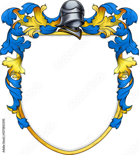 A coat of arms or crest family heraldry medieval heraldic knight shield with helmet and acanthus filigree scroll ornament in a vintage woodcut style.