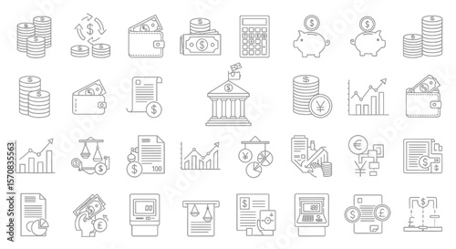 Finance, Banking, and Economy Line Icon Set
