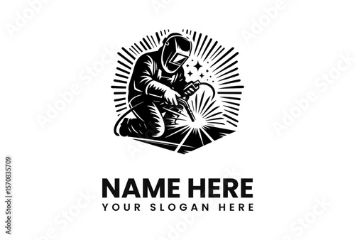 A welder, skillfully working with a welding torch, is depicted in a striking black and white logo design.
