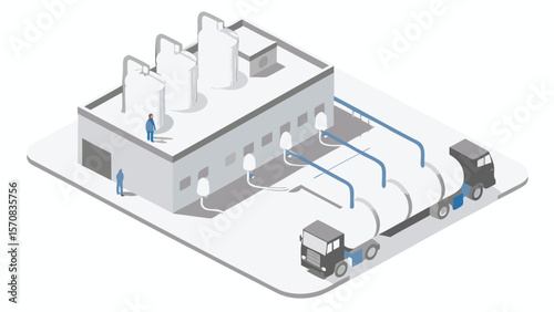 Isometric view of a factory with storage tanks, pipes, trucks, and two people outside building