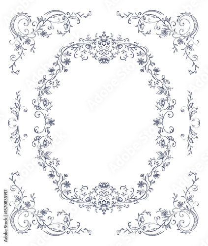 Vintage vector frame with a lot of floral elements, dividers, corners. Retro Victorian style.