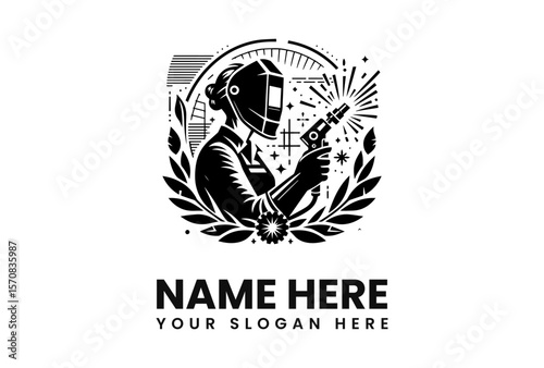 A female welder in protective gear is welding with sparks flying, surrounded by a laurel wreath and building silhouette.