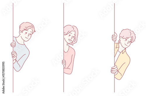 Three vibrant characters curiously peek from behind a colorful wall, showcasing their playful nature