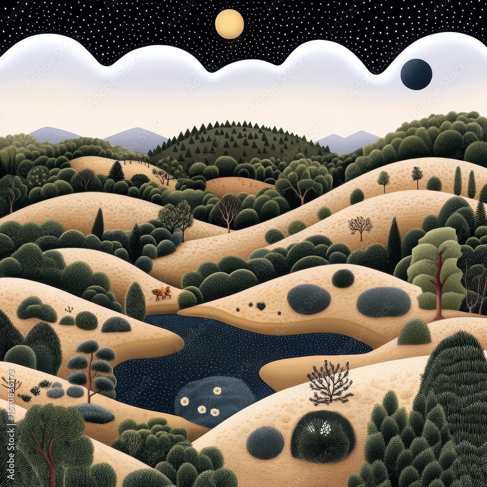 Fototapeta premium Nocturnal Landscape with Sun Moon and Stars Over Rolling Hills and Lake