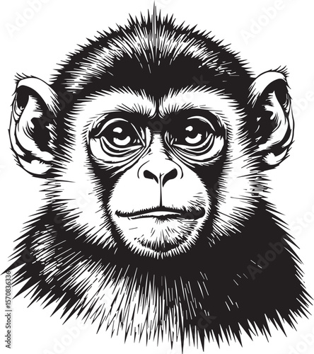 Intrigued Primate Portrait: A detailed pen and ink portrait unveils the earnest face of a curious young monkey, revealing a captivating gaze filled with innocence.