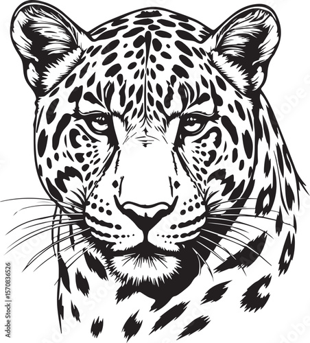 The Regal Leopard: A striking black and white portrait of a leopard, capturing its intense gaze and iconic spotted coat, rendered in a bold, artistic style.