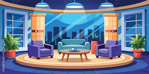 Modern television talk show set with purple chairs
