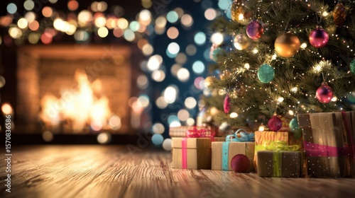 The beautifully decorated Christmas tree with colorful gifts beside a glowing fireplace.