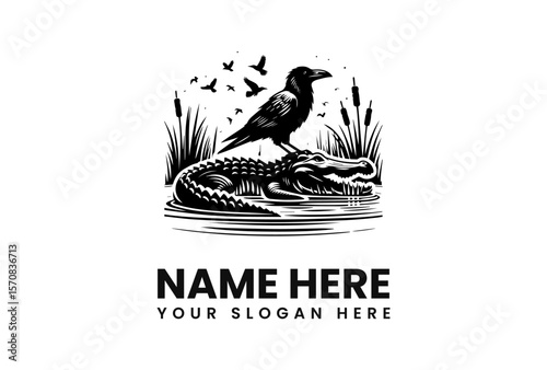 A raven perched atop an alligator in a swampy wetland scene.
