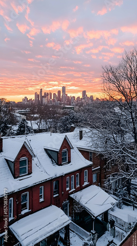 Snowy winter sunrise cityscape view from above houses