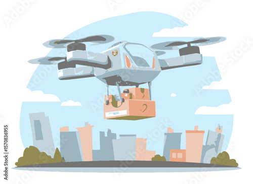 Cartoon Style Drone Delivering Package Over Cityscape Illustration