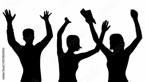 Silhouette of three people with raised arms celebrating a victory or expressing joy and excitement