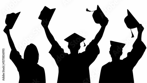 Silhouette of graduates celebrating and throwing their graduation caps in the air with joy and excitement