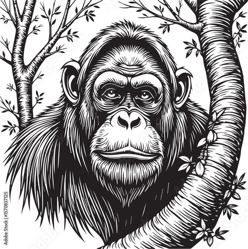 Thoughtful Chimpanzee in Tree: A close-up illustration of a chimpanzee perched in a tree, rendered in a detailed, grayscale style. The image focuses on the chimpanzee's expressive face.