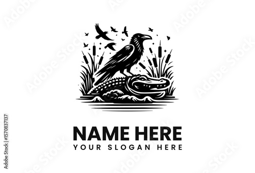 A raven perched on an alligator amidst reeds, with birds flying overhead in a black and white illustration.