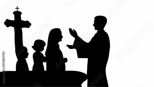 Silhouette of a priest blessing a family with a cross in the background on a white background scene