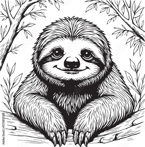 Smiling Sloth in the Trees: A heartwarming black and white illustration captures a smiling sloth perched serenely amongst the branches, radiating a sense of peace and tranquility.