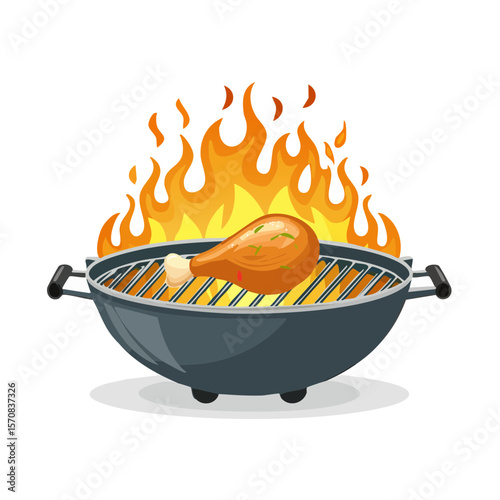 Grilled Chicken Leg on a BBQ Grill with Flames
