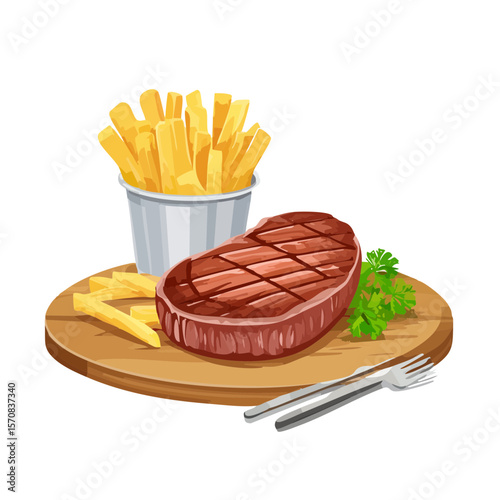 Grilled Steak with French Fries and Parsley on a Wooden Board