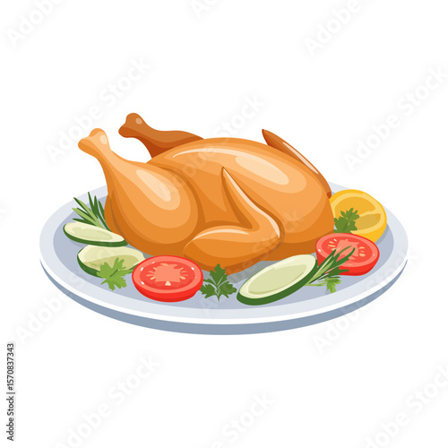 Roasted chicken served with fresh vegetables and herbs on a plate.