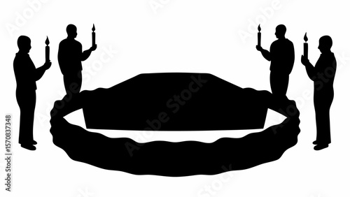 Silhouette of a coffin surrounded by mourners holding candles in a somber and respectful setting