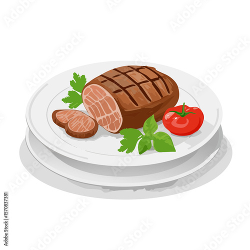 Grilled Meatloaf with Tomato and Herbs Served on a White Plate