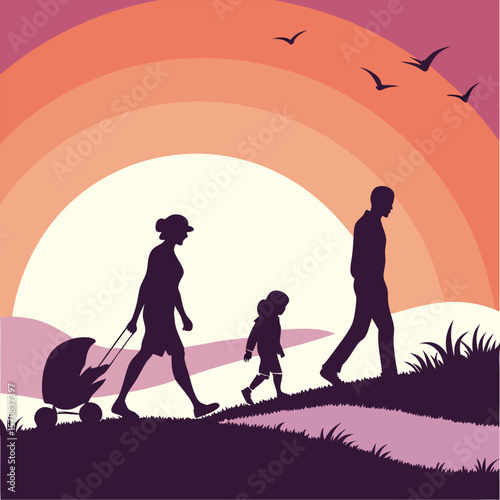 Family strolls on a serene hill at sunset, capturing love and togetherness in nature's glow. Perfect moment of bonding and tranquility