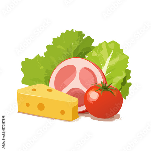 Fresh Ingredients: Cheese, Ham, Tomato and Lettuce Illustration