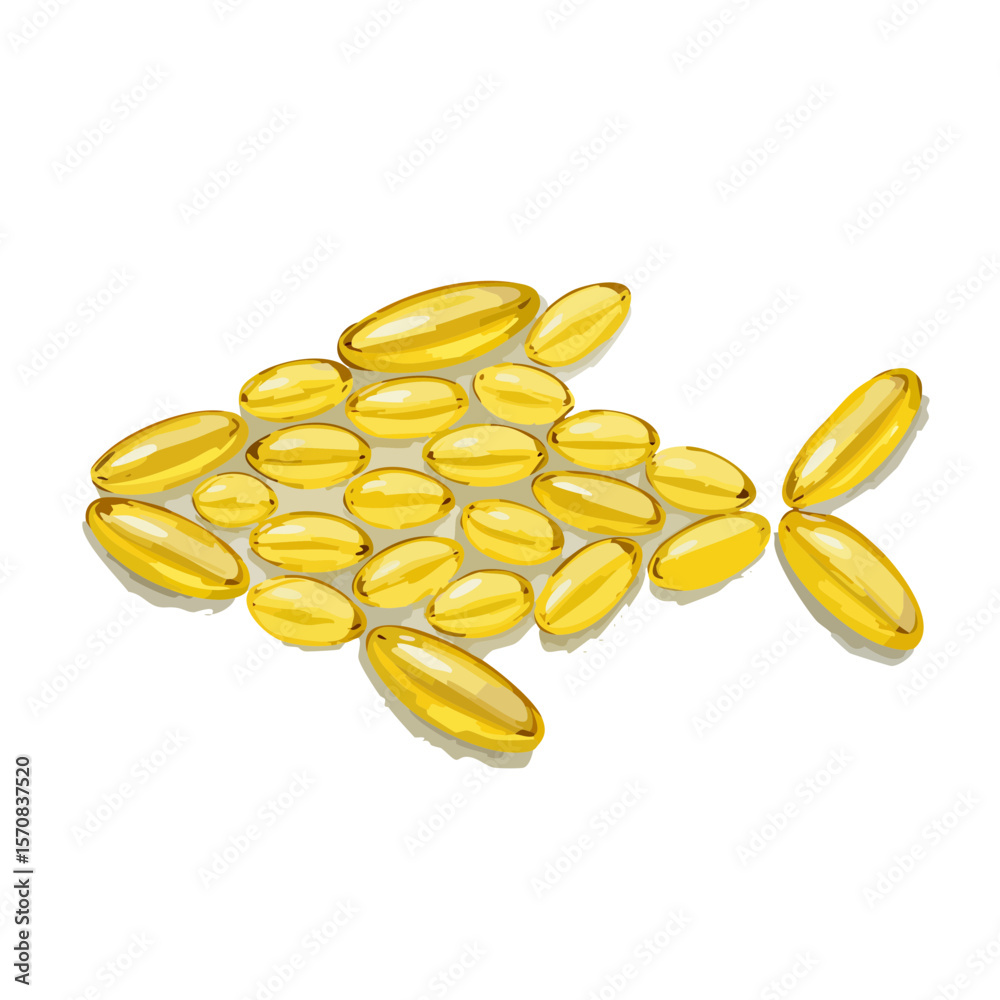 Fototapeta premium Golden Fish Shape Illustration with Omega-3 Fish Oil Capsules