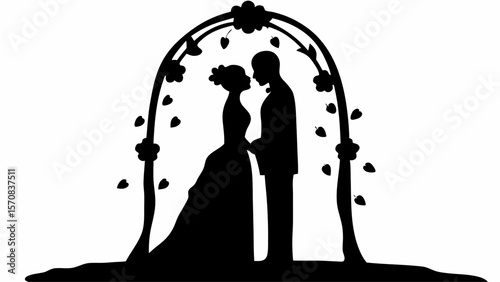 Silhouette of a bride and groom standing under a floral archway in a wedding ceremony setting scene