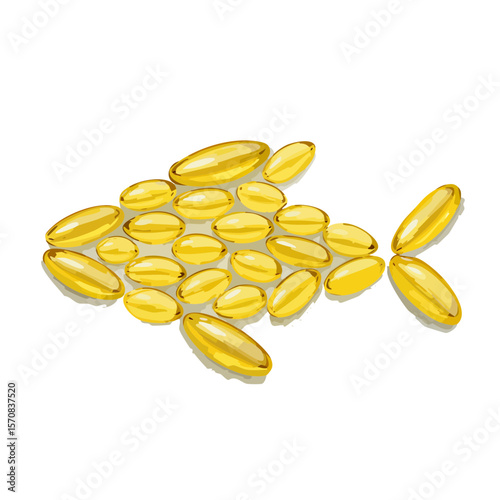Golden Fish Shape Illustration with Omega-3 Fish Oil Capsules