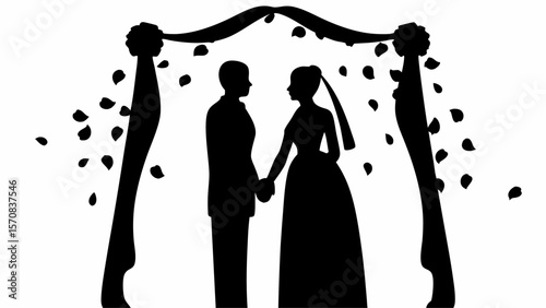 Silhouette of a bride and groom holding hands under a floral wedding arch with falling petals design