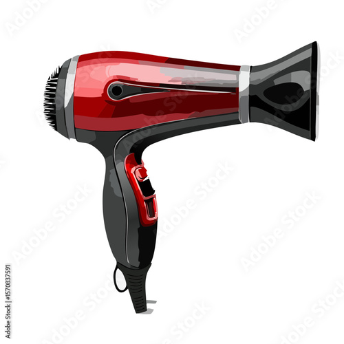 Illustration of a sleek, red and black hair dryer on a black background.