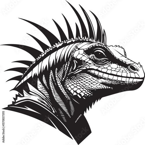 Stylized Iguana Head: A striking black and white illustration of an iguana's head, featuring a detailed depiction of scales, a spiky crest, and piercing eyes. The style is bold and graphic.