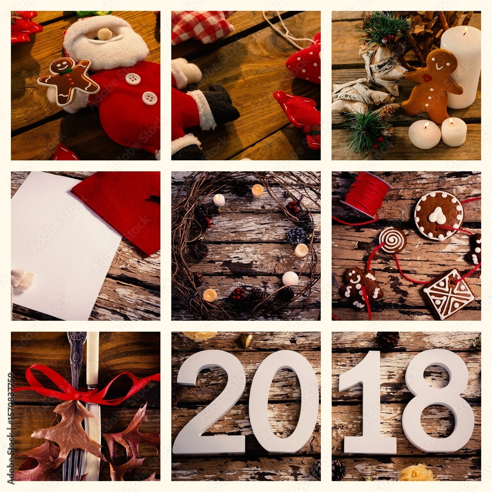 Fototapeta Holiday tabletop collage is showing flat lay on worn wood, featuring gingerbread cookies, candles