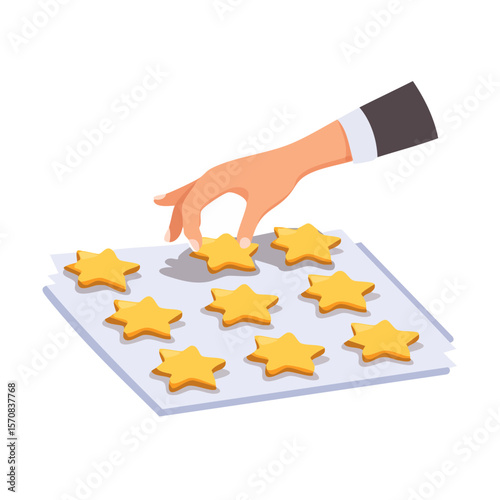 Hand reaching for star-shaped cookies on a baking sheet, perfect for holiday illustrations.