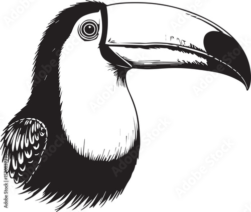 Toucans Portrait: A striking artistic black and white illustration, this image captures the distinct profile of a toucan, emphasizing the bird's large bill and intricate details.