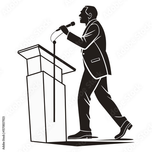 Silhouette of a speaker at a podium with microphone, delivering a powerful speech, symbolizing leadership and communication in a bold design