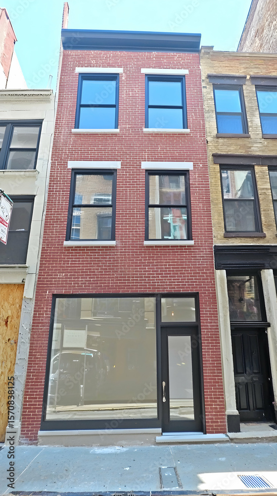 Obraz premium Renovated brick storefront building in urban setting. Potential for commercial use