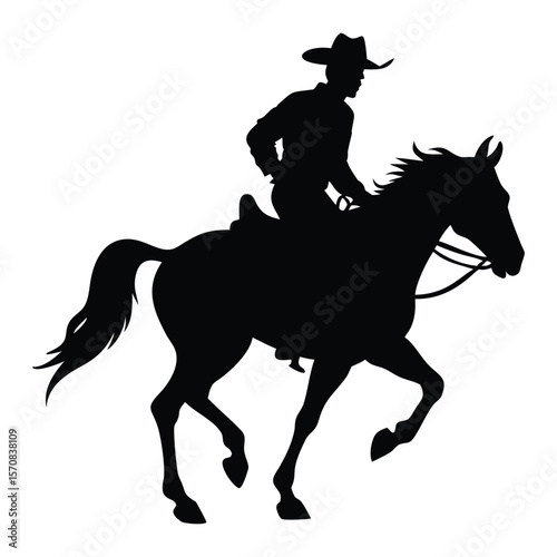 Silhouette of a cowboy riding a galloping horse, capturing the spirit of the wild west in a bold, minimalist black-and-white design