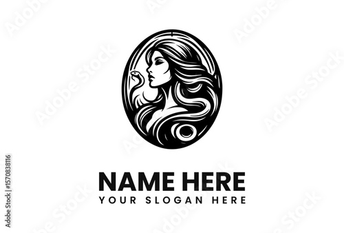 Elegant black and white logo featuring a woman and flowing hair.