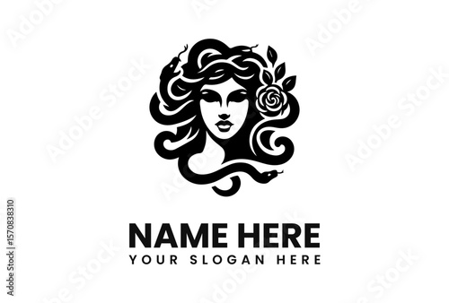 Medusa head with snakes for hair, accompanied by a rose, in a black and white design.