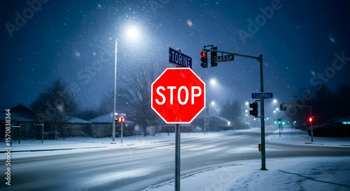 Winter Night Stop Sign On Snowy Intersection With Streetlights