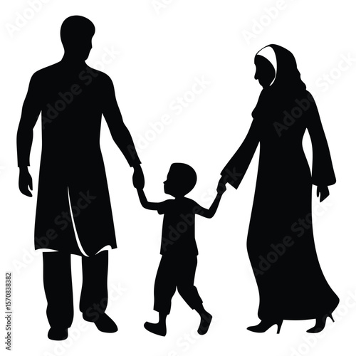 Silhouette of a family in traditional attire holding hands, symbolizing unity, love, and cultural heritage in a minimalist black-and-white design