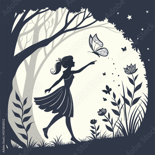 Silhouette of a girl reaching for butterflies in a magical forest under starry skies, symbolizing wonder and nature in a whimsical design