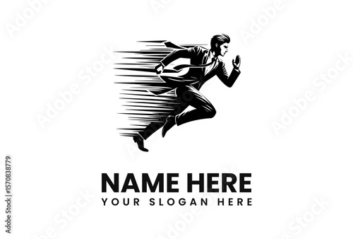 A businessman in a suit runs swiftly forward, holding a package, with motion lines indicating speed.