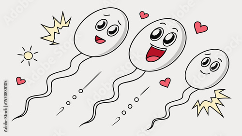 Cute and happy cartoon sperm cells swimming together. A playful illustration concept for fertility and human reproduction.