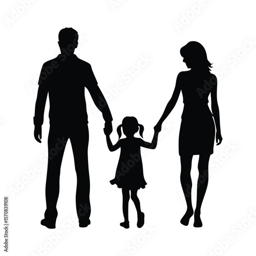 Silhouette of a family walking hand in hand, symbolizing love, unity, and togetherness in a minimalist black-and-white design